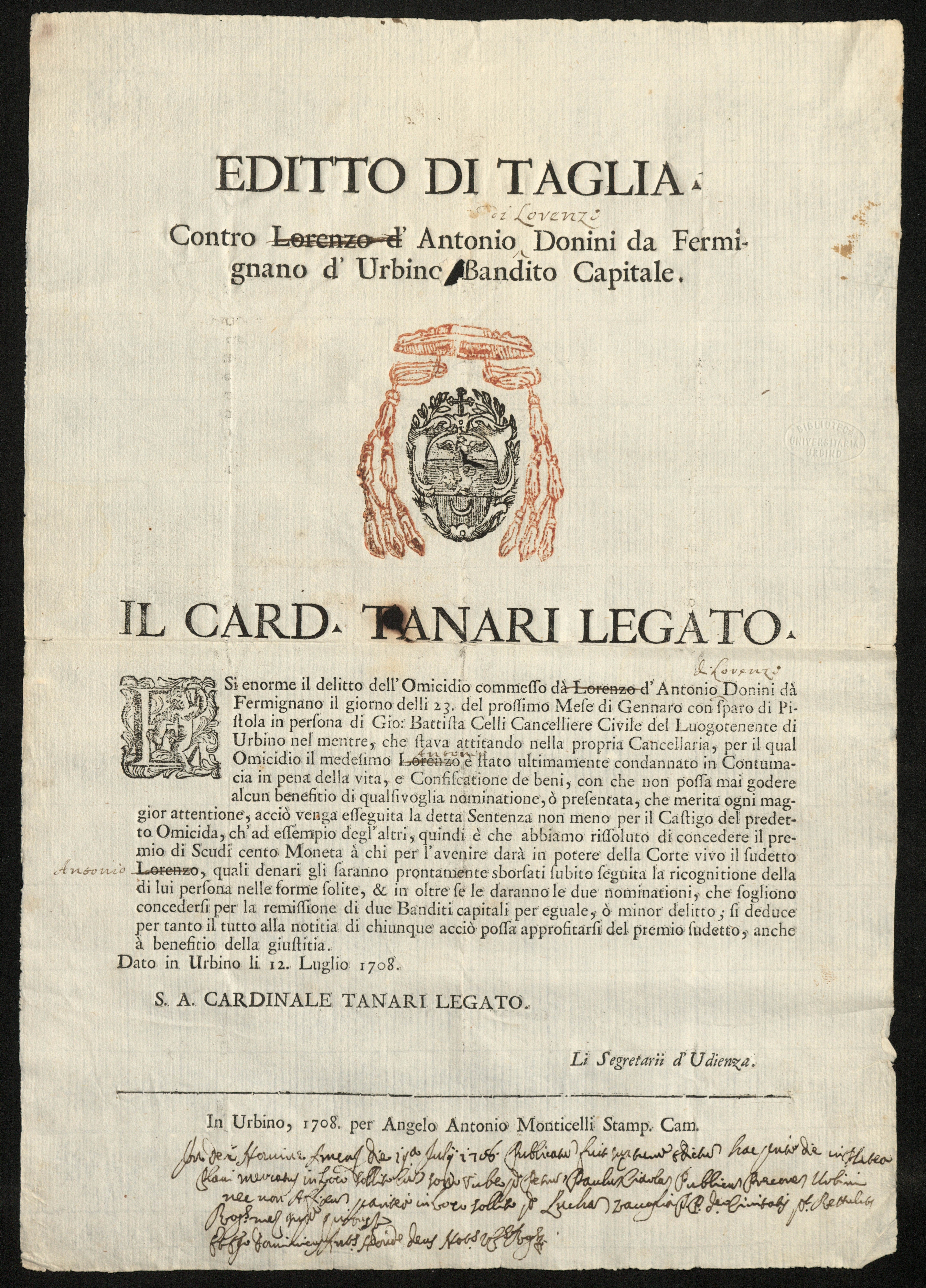 Editto di taglia contro Lorenzo d'Antonio Donini da Fermignano d'Urbino bandito capitale. Il Card. Tanari legato